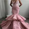 Sexy Sweetheart Lace Arabic Mermaid 2019 Pink Evening Dresses Pageant Tiers Long Prom Occasion Gowns Vestido de noche Party Wear F272o