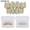 Gold Silver Plated Hip Hop Vampire Teeth Grillz Top and Bottom Iced Out Micro Pave CZ Stone Bling Body Jewelry187r