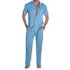 Agasalhos masculinos de verão, cor sólida, soltos, 2 peças, terno casual, manga curta, lapela, camisas, tops, cordão, calças retas, conjunto de pijama