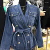 Kvinnorjackor Retro Autumn Double Breasted Denim Blazers Coat Stäng ner krage kostymer jacka jeans cardigan cowboy spets upp toppar jaqueta