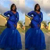 2019 Plus Size Mermaid Royal Blue Prom Dresses Maniche lunghe Paillettes sexy Abiti da sera per feste formali al pavimento3025