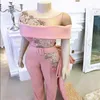 Robe de soirée de luxe rose combinaison avec Long Train col transparent perlé cristal arabe dubaï Occasion pantalon de bal Suit2287