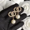 designer brand jewelry Small incense square round diamond pearl stud earrings brass 925 silver needle Jewelry With BOX