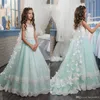 Girls Pageant Dresses Mint Green Lace Applique 3D Butterfly Floral Sash Crystal Beads Long Tulle Kids Flower Girls Dress Birthday 216l