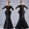 Mother Of The Bride Dresses Mermaid Jewel Neck 3 4 Sleeves Lace Appliques Beaded Peplum Plus Size Party Dress Black Evening Gowns269J