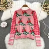 Damenpullover 2023 Harajuku Diamanten Perlen Katze Schleife Stickerei Pullover Damen Rüschen Blume Jacquard Cartoon Pullover Jumper Crop Tops