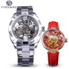 Forsining Couple Montre Ensemble Combinaison Hommes Argent Automatique Montres En Acier Dame Rouge Squelette En Cuir Mécanique Montre-Bracelet Gift302s