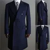 Formal Navy Men Suits Thick Wool Custom Made Double Breasted Tuxedos Peaked Lapel Blazer Business Long Coat259s