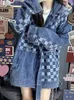 Kvinnorjackor Cool Salt Wear med Checkerboard Stitching Cardigan Washed Denim Jacket Trend Loose Top