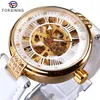 Forsining Fashion Golden Skeleton Diamond Design Red Genuine Leather Band Luminous Lady Mechanical Watches Top Brand Luxury218u