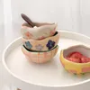 Kommen Japanse Handgeknede Onregelmatige Keramische Kom Retro Ontbijtgranen Fruit Dessert Salade Bloem Plaid Servies Tafel Centerpieces