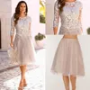 2019 Elegant Boho Mother Of The Bride Dresses Lace Tulle Knee Length 3 4 Long Sleeves Wedding Guest Dress Short Evening Gowns2932