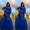 2019 Plus Size Mermaid Royal Blue Prom Dresses Maniche lunghe Paillettes sexy Abiti da sera per feste formali al pavimento360S