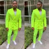 Jaqueta masculina verde fluorescente calça com seios duplos ternos formais feitos sob medida smokings de casamento roupas masculinas de negócios2699