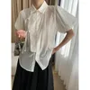 Vrouwen Blouses Zomer Chinese Stijl Gesp Cheongsam Lyocell Retro Shirts Bladerdeeg Mouw Schuine Revers Licht Parel Knopenlijst Tops