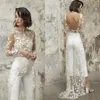 Sexy Open Back Jumpsuit Wedding Dresses with Lace Overskirts Long Sleeves Bride Wedding Gowns Pant Suit Vestidos De Novia278r