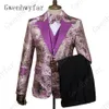 GWENHWYFAR PURPLE FLOLLAL MEN SUITE FOR WEDDING最新デザインGROOM TUXEDOS FASHION FORMAL PROM3ピーススーツジャケットベストパンツ338A