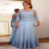 Light Sky Blue Mother Off Bride Dresses Lace Appliques Beaded 3 4 Long Sleeves Party Dress Floor Length Women Formal Mothers Gowns205B