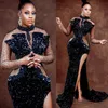 2022 Plus Size Arabo Aso Ebi Black Mermaid Abiti da ballo sexy Perline Alta spacco Paillettes Sera Festa formale Secondo ricevimento Gow224L