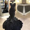 2022 Vintage Black Sleeveless Mermaid Evening Dresses Illusion Bodices Lace Sequins Prom Gowns Ruffles Special Occasion Wear BA7652229