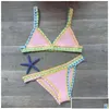 Damen-Bademode Cloghet für Damen gestrickte Badeanzüge Neopren-Bikini Beachwear Boho-Stil Badeanzug zweiteilig Dhvjk