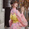 Vêtements ethniques Robe longue de style japonais pour femmes Couleur rose Kimono traditionnel avec costume de cosplay Obi Pography Wear Robe formelle Yukata