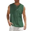 Herr t-skjortor 2023 Vest Shirt Cotton Linne LACE-UP Solid Color Fashion Kort ärm T-shirt