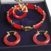 Whole Cheap Natural 18kgp red jade bracelet pendant earrings set299N