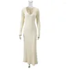 Casual Kleider Frühling Langarm Strickkleid Frauen Elegante Plissee A-linie Frau V-ausschnitt Maxi Robe 23965