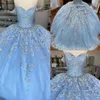 Bebek Mavi Dantel Tül Tatlı 16 Elbiseler Omuz Çiçek Aplike Tül Boncuklu Korse Arka Bestidos de Quinceanera Ball Rephs248x