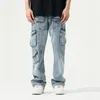 Herren Jeans Multi-Pocket Männer Distressed Loose Big Pocket Cargohose Blau Streetwear Lässige Mode Gerade Bein Y2k Denim Hose