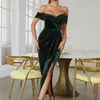 Sıradan Elbiseler 2023 Yaz Kadın Moda Yeşil Kadife Elbise Seksi Omuz Kapalı Straplez Dantelli İnce Uygun Midi Tasarımcı Kulüp Partisi