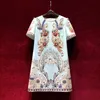 2023 Summer Sky Blue Floral Print Rhinestone Dress Short Sleeve Round Neck Knee-Length Casual Dresses A3Q122304