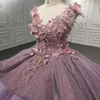 Luxe violet brillant Sexy col en v Quinceanera robes robe de bal 2024 Appliques dentelle 3DFlower à lacets doux 16 robe robes de soirée
