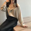 Women's Blouses Spring V-Neck Loose Fitting Black Silk Top Korean Casual Solid Color Long Sleeve Lapel Cardigan Office Lady T-Shirt