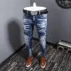 Pantalones vaqueros para hombre, ropa de calle, moda para hombre, Retro, azul, elástico, ajustado, empalmado, de diseñador, pantalones de motorista, pantalones vaqueros pintados de Hip Hop