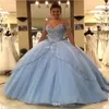 2019 Light Sky Blue Ball Gown Quinceanera Abiti Cap maniche Spaghetti perline Crystal Princess Prom Party Abiti lunghi per Sweet2610