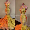 Vestidos de Baile Longos e Elegantes 2022 Transparentes com Decote em O Lantejoulas Amarelas e Lantejoulas Africanas Mulheres Negras Meninas Sereia Vestidos de festa à noite DD222v