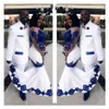 Nouveau Blanc Satin Bleu Royal Dentelle Aso Ebi Robes De Bal Africaines Manches Longues Illusion Appliqued Sirène Soirée Formelle Robes244Z