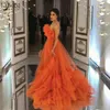 Orange A Line Long Evening Dresses 2021 Ruffled Tulle Strapless Prom Dress vestidos de fiesta Custom Made Party Night Gowns255w