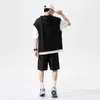 男性Sフーディーズスウェットシャツ夏大型サイズスポーツスーツ通気性カジュアルウェアワイルドハイストリートシックな偽の二枚Tシャツシンプルショーツ230721