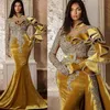 2022 Plus Size Arabic Aso Ebi Gold Luxurious Mermaid Prom Dresses Lace Pärled Crystals Evening Formal Party Second Reception Birth315R