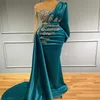 Kaftan Dubai Arabic Hijab Muslim Prom Dresses Dark Green Satin Ruched Rhinestones Pearls Beaded Formal Occasion Evening Gowns With280W