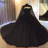 Classical Sweetheart Applique Scattered Crystals Cathedral Train Black Gothic Batman Quinceanera Ball Gown With Detachable Cape Cl215d