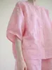 Women's Tracksuits Summer Sweet Pink Linen Casual 2 Two Piece Sets Outfits Round Collar Shirts Tops With Elastic Waist Shorts