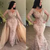 2021 Arabski szampan koronkowy syrena wieczorowe sukienki z odłączoną spódnicą długie rękawy Dubai Lady Formalne sukienki na bal
