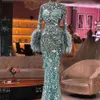 2022 Sparkle Mermaid Avondjurk Sheer Lange Mouwen Prom Jassen Veren Illusion Pailletten Aanpassen Tweede Receptie Dresses204M