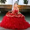 Wspaniałe czerwone dziewczyny suknie konkursowe marszki Zastosowana sukienka kwiatowa na wesele Dzieci księżniczki urodzinowe suknie balowe 290h
