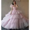 Lovely Quinceanera Dresses Pink One Shoulder Puffy Prom Dresses Cupcake Tiered Ruffles Bottom Party Gown Floor Length Tulle Sweet 272o