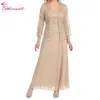 ankle Length Chiffon Champagne Mother of Bride Dress with Lace Jacket two pieces 3 4 sleeves Elegant Prom Dress Plus Size Party Dr230t